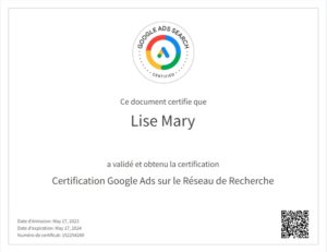 Certification Google Ads Search Lise Mary