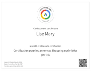 Certification Google Ads pour la publicité Shopping de Lise Mary