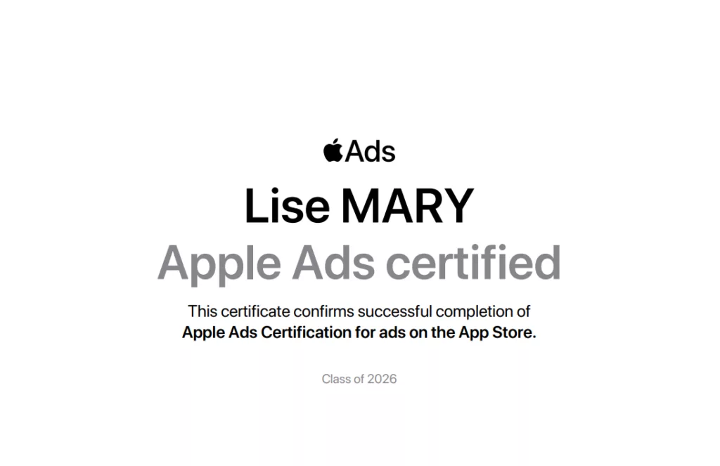 Certification Lise Mary Apple Ads certified